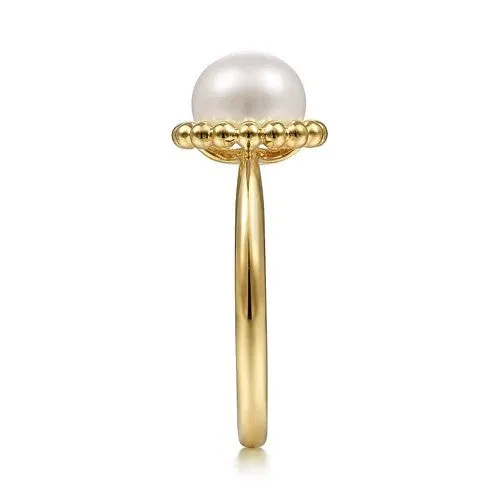 Rings GABRIEL CO 14K Yellow Gold Pearl Ring with Bujukan Beaded Halo