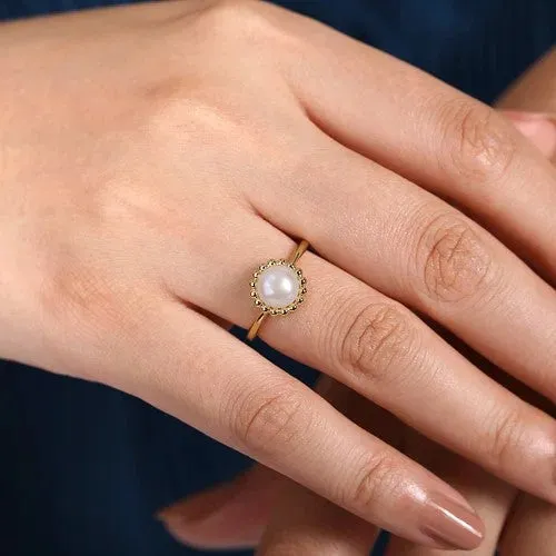 Rings GABRIEL CO 14K Yellow Gold Pearl Ring with Bujukan Beaded Halo