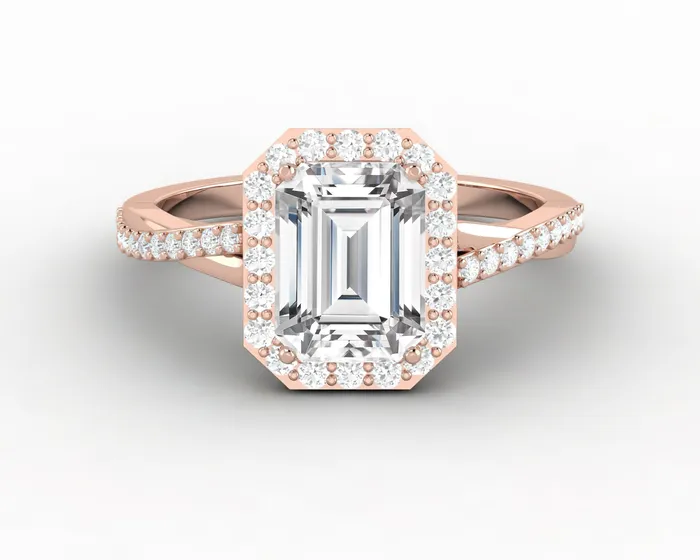 Rings Sapheena Jewelry Demi 17 Ct Emerald Cut Halo Engagement Ring with Side Stones Rings Sapheena Jewelry Demi 17 Ct Emerald Cut Halo Engagement Ring with Side Stones