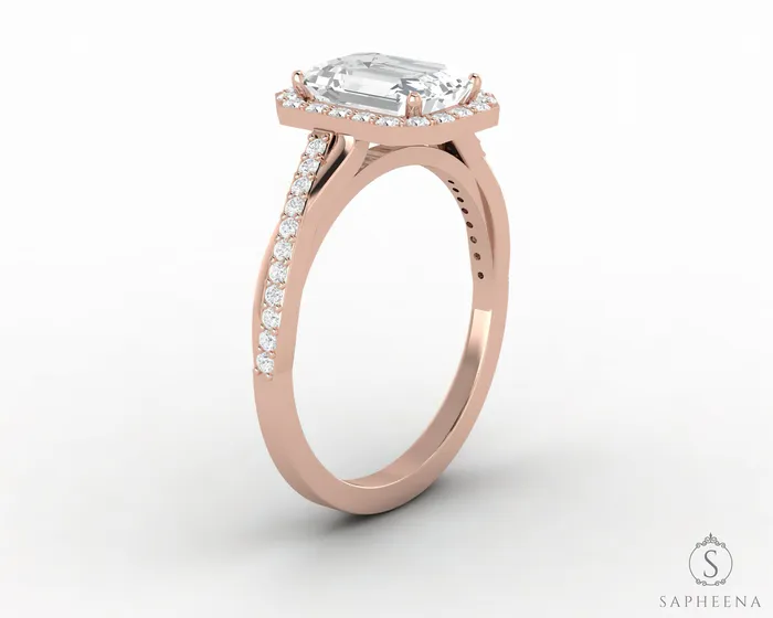 Rings Sapheena Jewelry Demi 17 Ct Emerald Cut Halo Engagement Ring with Side Stones