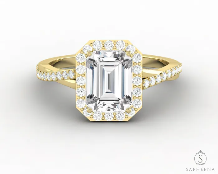 Rings Sapheena Jewelry Demi 17 Ct Emerald Cut Halo Engagement Ring with Side Stones