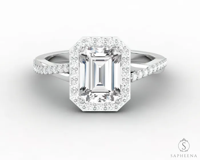 Rings Sapheena Jewelry Demi 17 Ct Emerald Cut Halo Engagement Ring with Side Stones