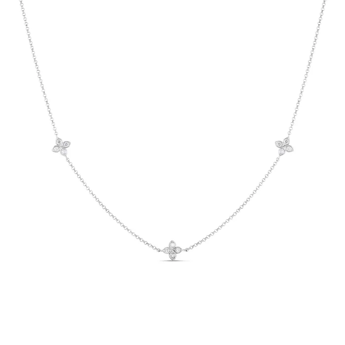 ROBERTO COIN 18K WHITE GOLD LOVE BY THE INCH 3 STATION FLOWER NECKLACE Necklaces ROBERTO COIN 18K WHITE GOLD LOVE BY THE INCH 3 STATION FLOWER NECKLACE Necklaces