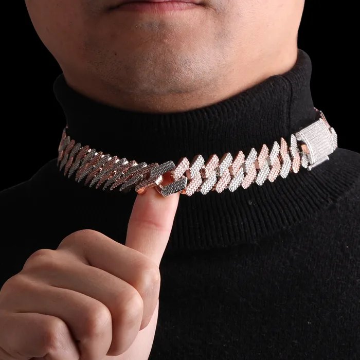 Two Tone 20MM Two Tone Rose Silver Miami Cuban Iced Out Diamond Necklace Chain Necklaces
