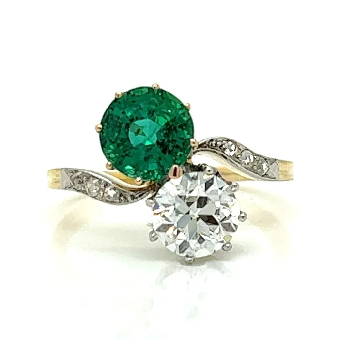 Victorian 18kt Yellow Gold and Platinum Bypass Ring with Round Diamonds and Round Emeralds JEWELRY WORLD Rings Victorian 18kt Yellow Gold and Platinum Bypass Ring with Round Diamonds and Round Emeralds JEWELRY WORLD Rings