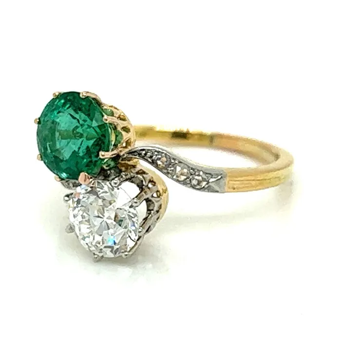 Victorian 18kt Yellow Gold and Platinum Bypass Ring with Round Diamonds and Round Emeralds JEWELRY WORLD Rings