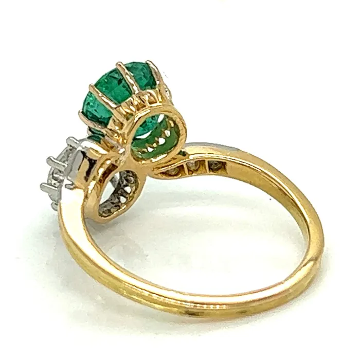 Victorian 18kt Yellow Gold and Platinum Bypass Ring with Round Diamonds and Round Emeralds JEWELRY WORLD Rings