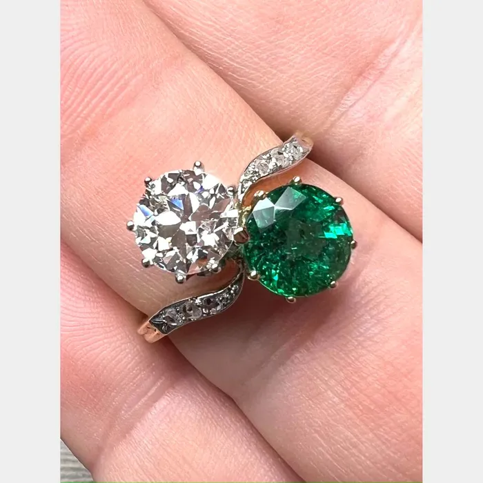 Victorian 18kt Yellow Gold and Platinum Bypass Ring with Round Diamonds and Round Emeralds JEWELRY WORLD Rings