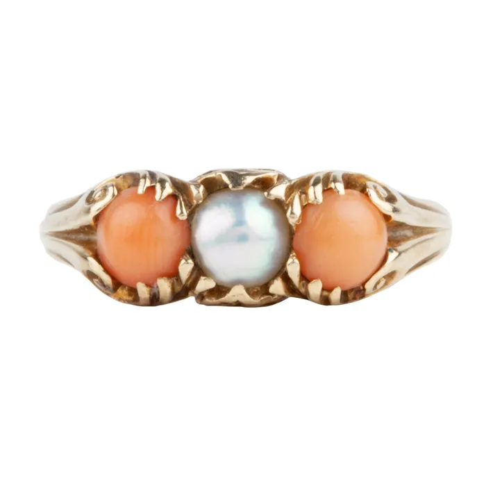 Victorian Coral and Pearl Ring Bell Bird Antiques Rings