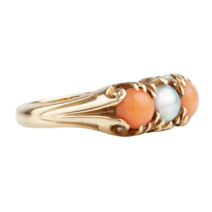 Victorian Coral and Pearl Ring Bell Bird Antiques Rings