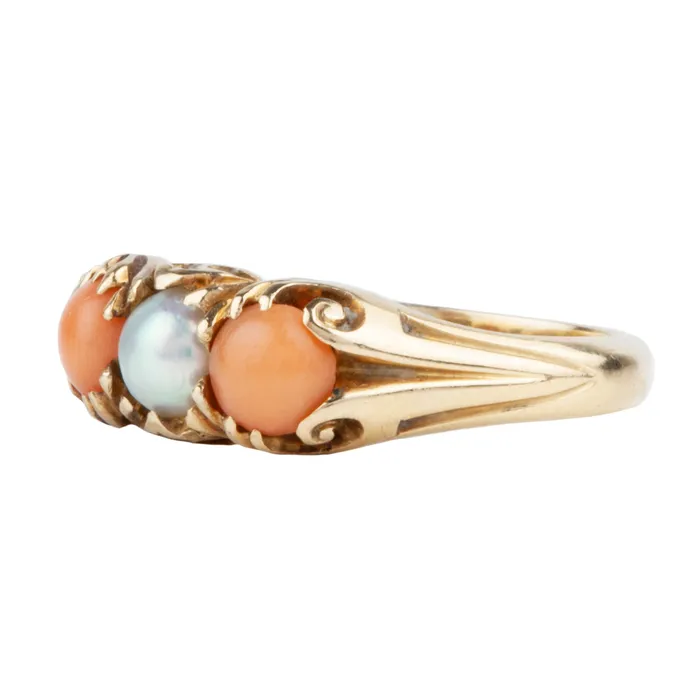Victorian Coral and Pearl Ring Bell Bird Antiques Rings