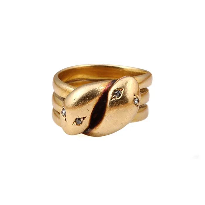 Victorian Era Gold Twin Snake Ring Bell Bird Antiques Rings