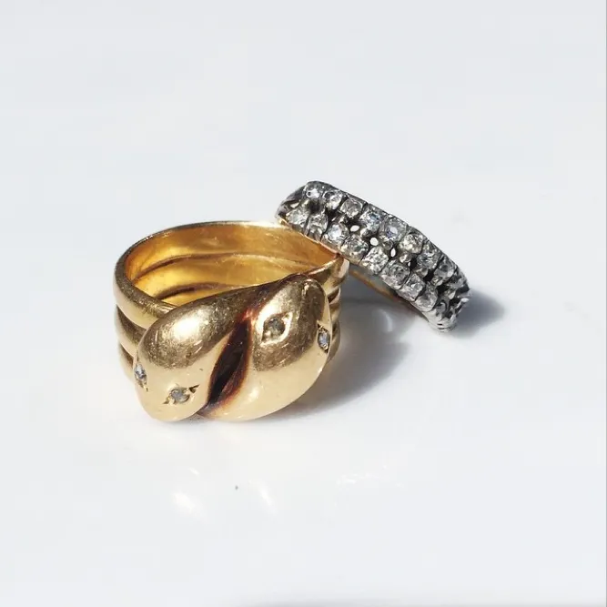 Victorian Era Gold Twin Snake Ring Bell Bird Antiques Rings