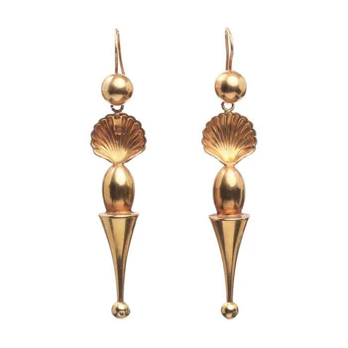 Victorian Gold Shell Drop Earrings Bell Bird Antiques Earrings