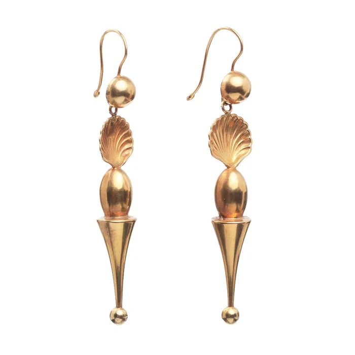 Victorian Gold Shell Drop Earrings Bell Bird Antiques Earrings