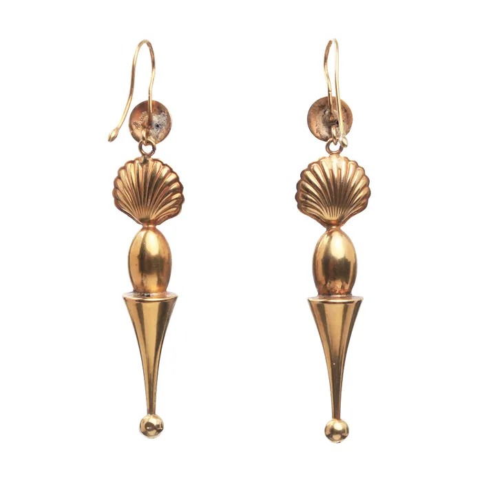 Victorian Gold Shell Drop Earrings Bell Bird Antiques Earrings